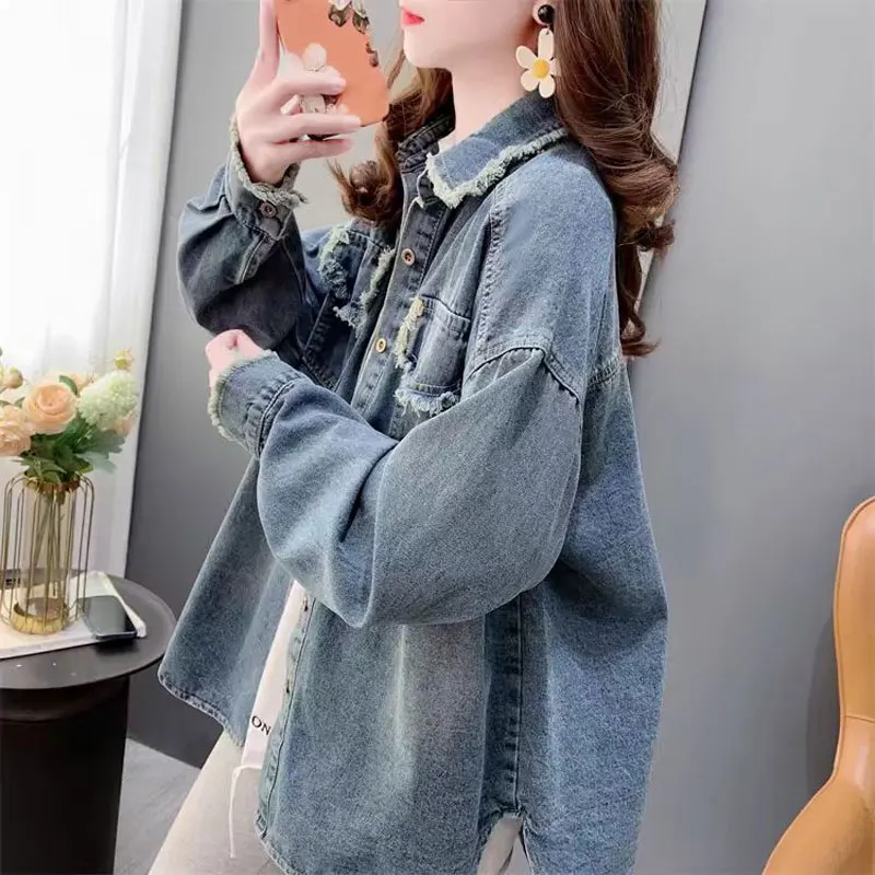 

Spring Autumn Loose Fit Patchwork Denim Jacket Women's Korean Style Big Size Small Figure Open Cardigan Top Casual Fashion