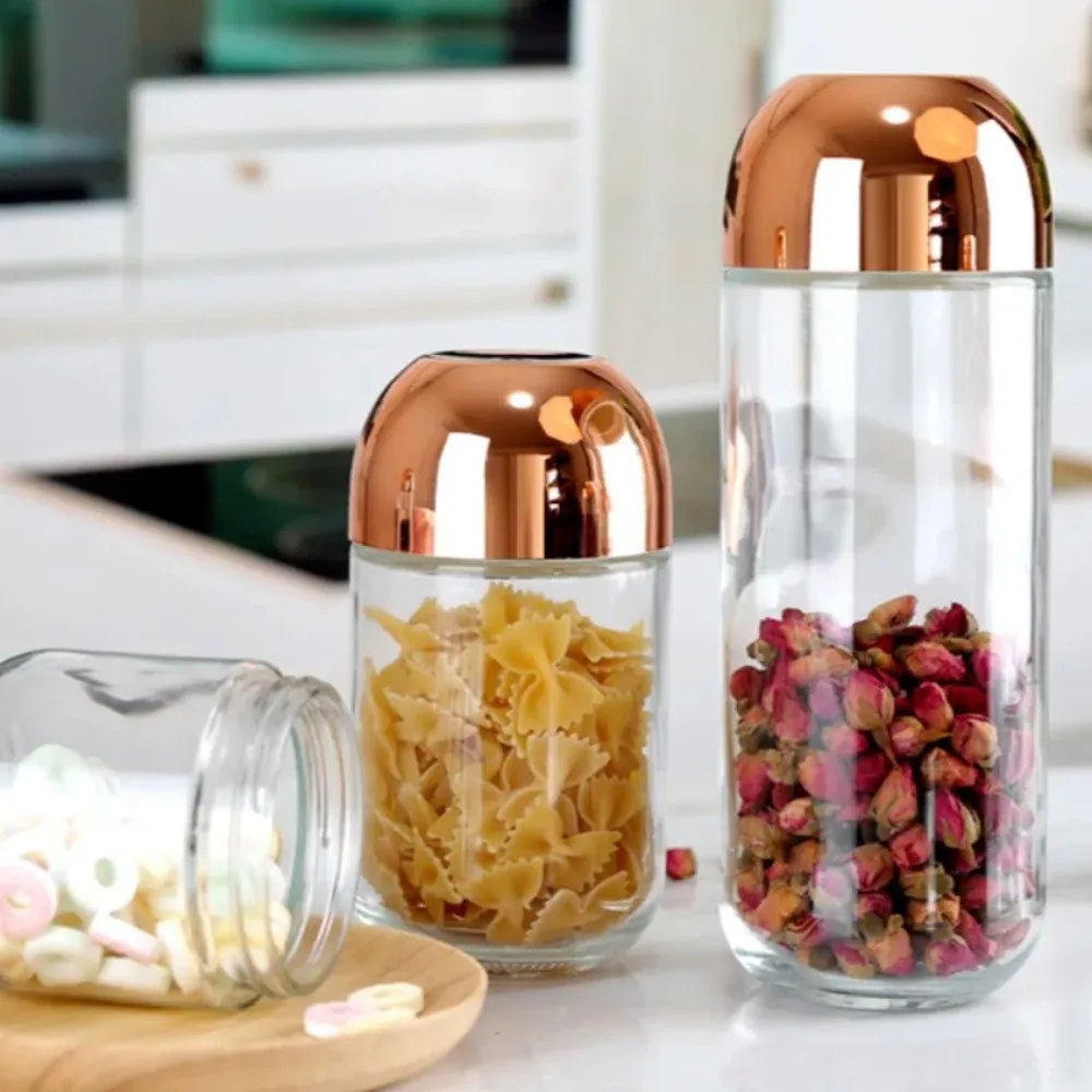 Glass Sealed Jar with Golden Lid Household Coffee Bean Tea Storage Bottle Kitchen Nut Jar Food Storage Container Decorations