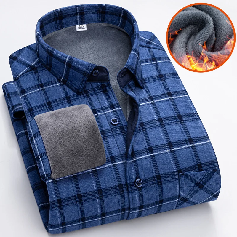 Camisa de terciopelo de manga larga para hombre, camisa de negocios informal delgada, gruesa y cálida, a cuadros, Social, de algodón, Otoño e Invierno