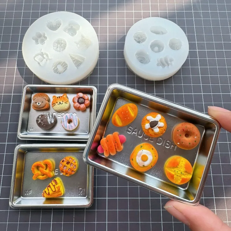Mini comida postres molde de silicona pastel simulación Mini Donuts/pan tostado/salchicha de perritos calientes/mariposa forma crujiente herramienta de arcilla polimérica