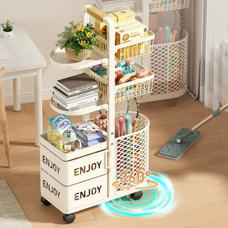 Multilayer Kids Toy Storage Organizer-Rolling Snack Cart with Wheels Montessori Floor Book&Sofa Side Table Rack for Living Room