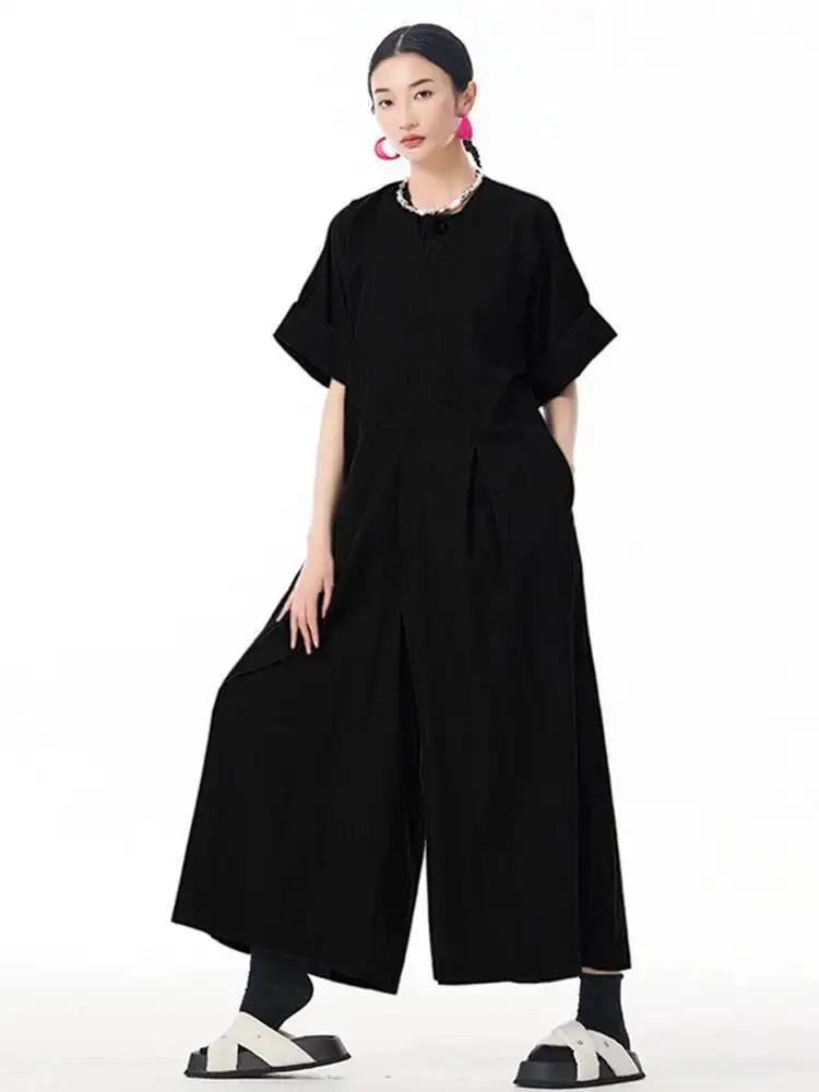 

Black Pleated Big Women Size Long Jumpsuit New High Waist Pocket Stitch Pants Fashion Spring Autumn 2026 1DJ77