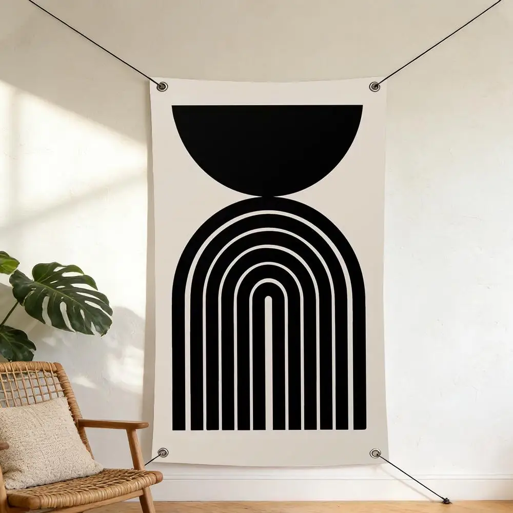 Modern Geometric Beige Line Art Flags Tapestry Polyester Digital Printing Banner For Garage Wall Art Out Door Decoration