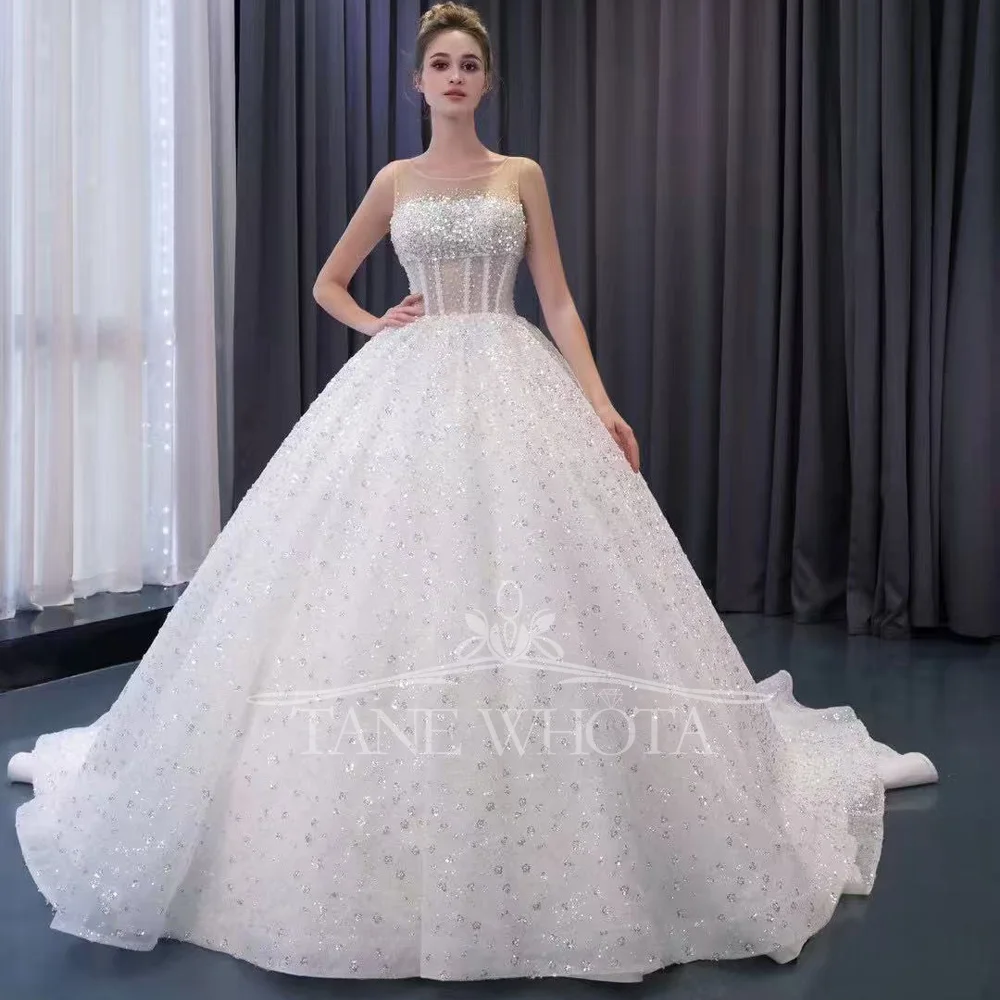 

Vestido De Boda Гражданские белые свадебные платья без рукавов с круглым вырезом на шнуровке сзади и блестками по индивидуальному заказу, роскошные
