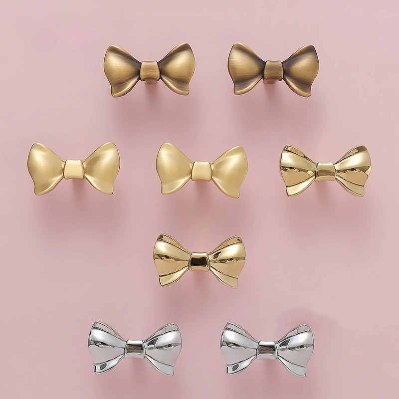 

European Solid Brass Bowknot Knobs for Furniture Bright Gold/Silver Knobs and Handles for Drawers Dresser Shoe Cabinets Pulls