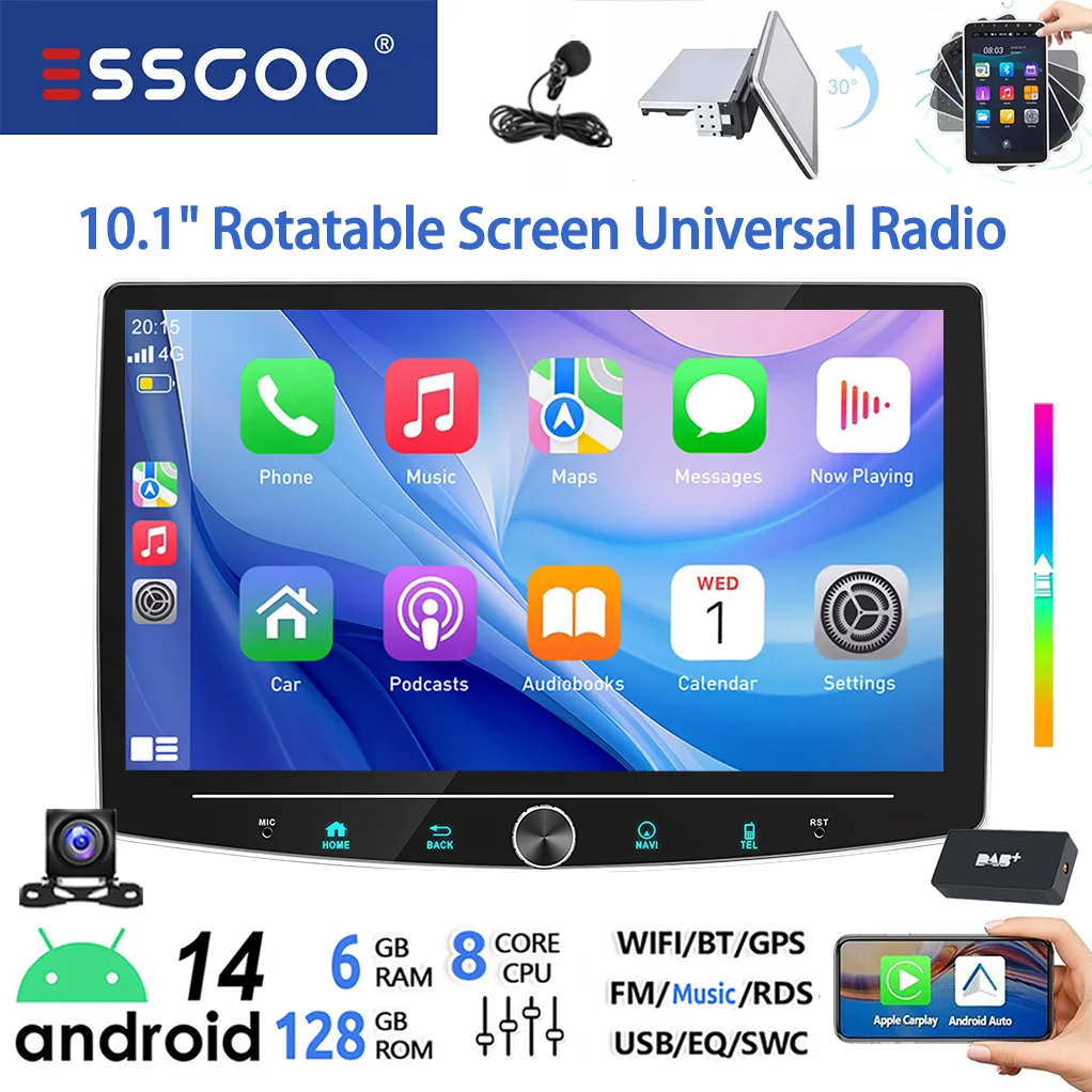 ESSGOO 6+128G 8-core 4G Android 14 Universeel Autoradio Draadloze Carplay Android Auto 1DIN 101" 360° Draaibaar Touchscreen met Microfoon Kleurrijke Knop AM Wifi Bluetooth RDS Multimedia Videospeler
