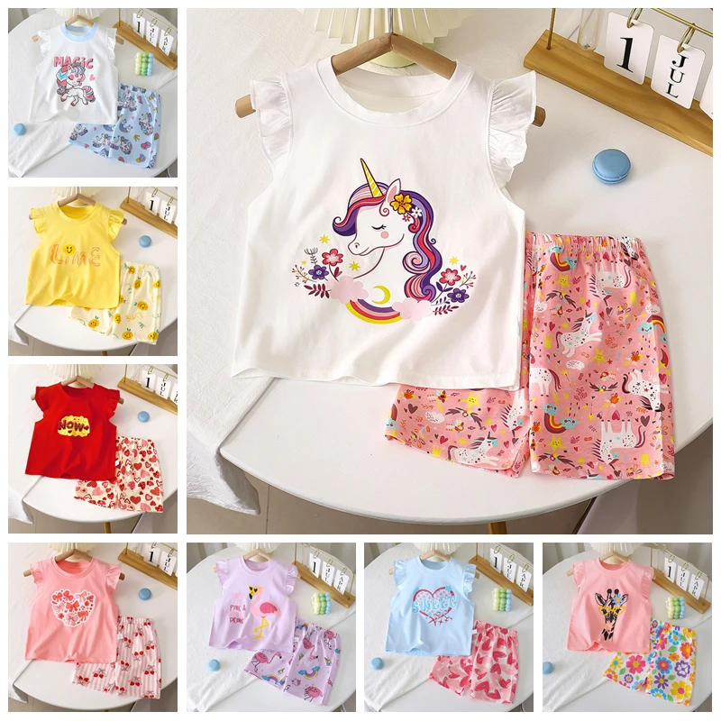 Summer Baby Girls Clothing Sets Cute Cartoon Unicorn Pattern Ruffle Sleeve Top + Shorts 2 Pcs Suits Kids Costume Outfits 0-6T