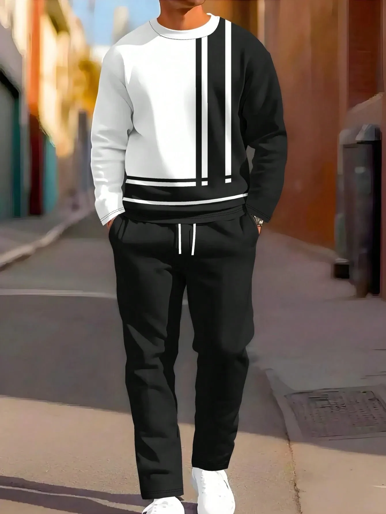2026 Autumn/Winter New Style Simple Casual Fashion-Comfortable Soft 3D Vertical Pattern Printed Men's Round-neck Sweatshirt Set