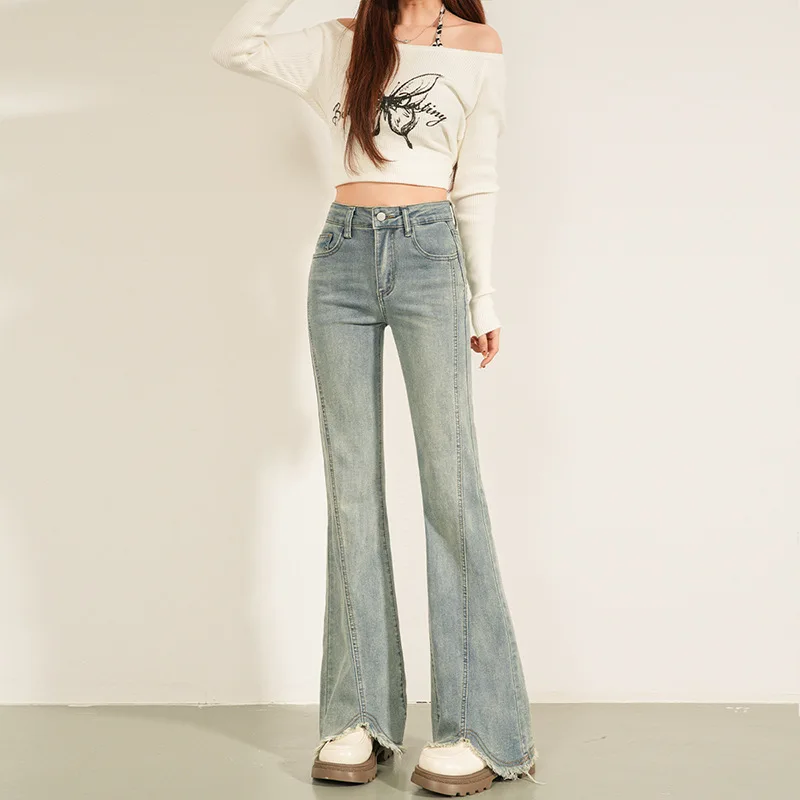 

Fleece-Lined Elegant Pure Desire Slimming High-Waisted Frayed Hem Korean Style Flared Jeans For Women