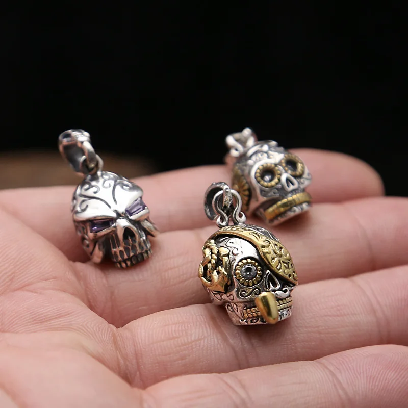 

Gothic Unisex Pipe Skull Pendant - 925 Sterling Silver Vintage Thai Silver Punk Jewelry with Copper Accent