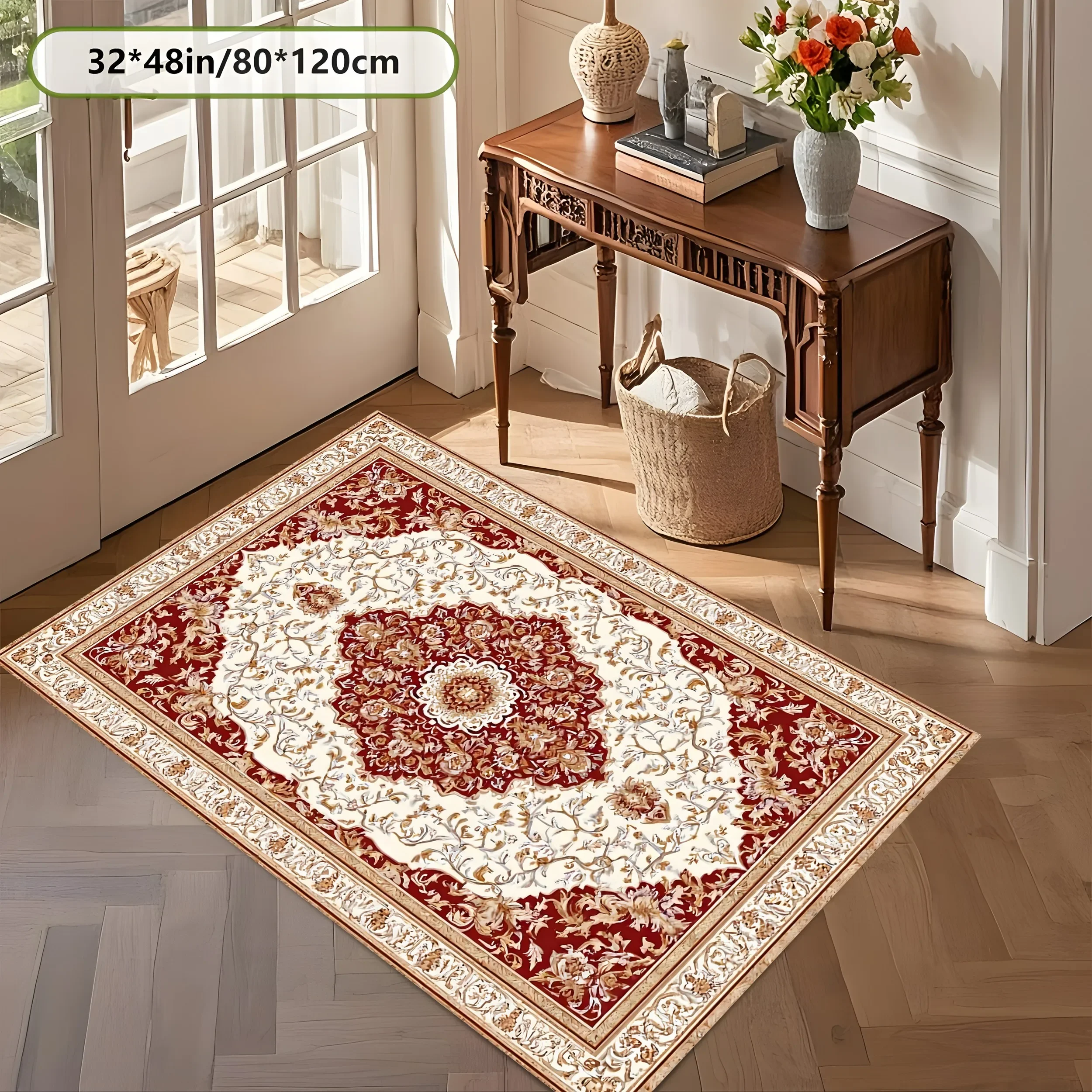 2D Large Rug with Retro Persian Diamond Pattern, European Light Luxury Style, Suitable for Living Room and Bedroom, One-Click Re