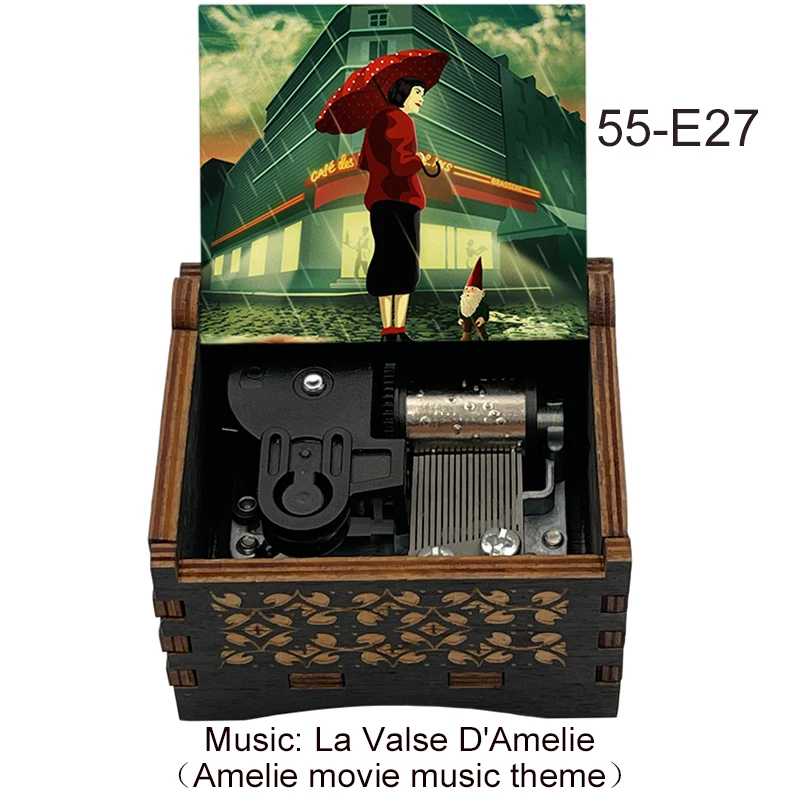 France Amelie Movie Black Wooden Music Box, Mechanical Color Print Kids Birthday Gift Lovely Christmas Decoration