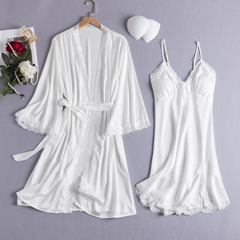 Twinset Kimono Robe Nightdress Suit Womens Lace Suspender Nightgown Bathrobe Gown Satin Home Wear Sleepwear Loungewear