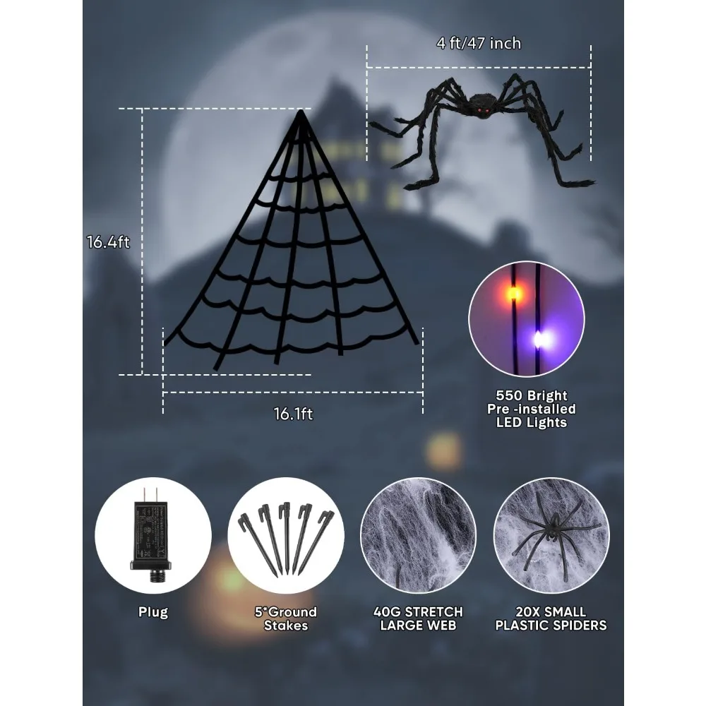 Lumières décoratives de toile d'araignée Halloween, lumières géantes d'extérieur, 8 modes, étanche et minuterie, 550 LED