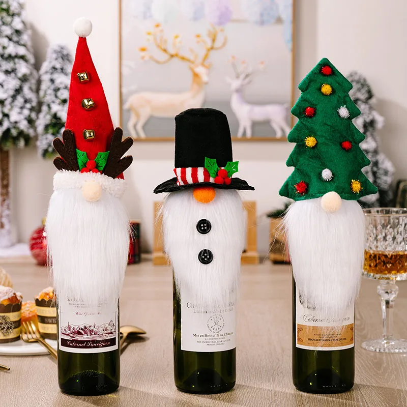 New Christmas Decorative Dinner Articles Christmas Tree Wine Bottle Set Deer Horn Formal Hat Cap Bottle Bag Party Decoration