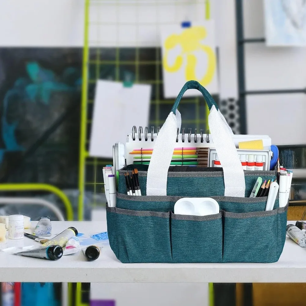 Storage Tote Bag with 16 Pockets for Art Supplies For Sewing Materials Garden Implements Oxford Cloth Reinforced Base Design