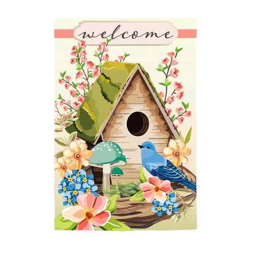 Spring Birdhouse Applique House Flag HHJ LLG