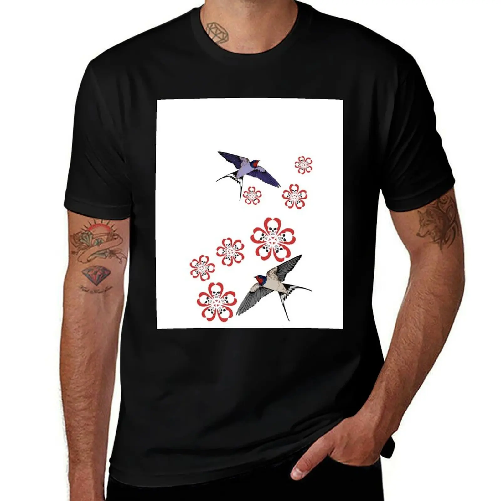 SKULL BLOSSOMS AND SWALLOWS T-Shirt Durable Work Wear T-Shirt
