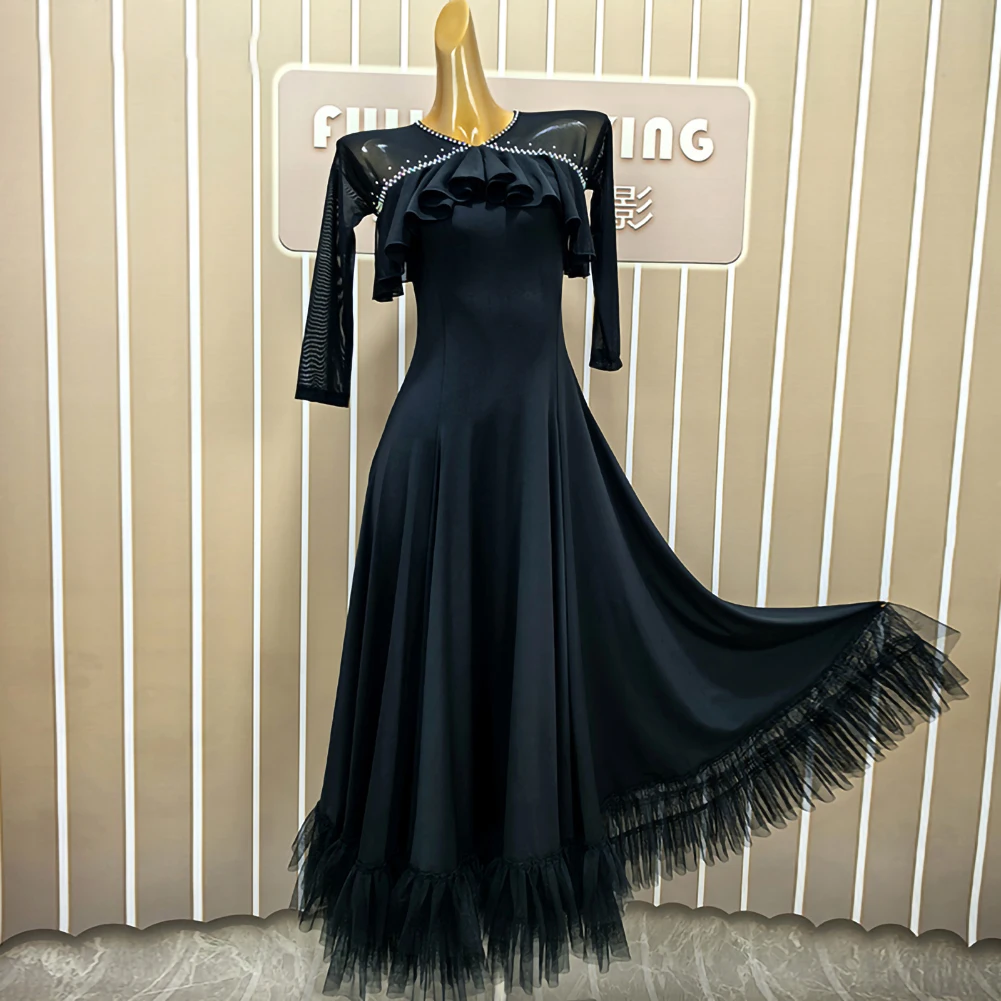 Dance Dress Light Blue Flamenco Skirt Rhinestone Black Waltz Practice Competition Crew Neck Black Stage Costume