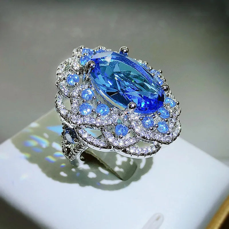Women's Sparkling Blue Zircon Large Flower Ring, 925 Silver