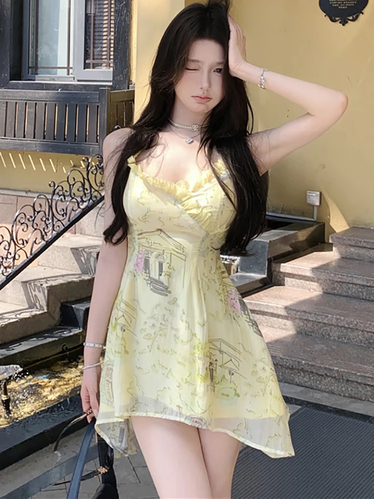 여름 화이트 플로럴 시크 레이스 V넥 섹시 슬링 미니 드레스 여성 우아한 캐주얼 탑 셔츠 2025 신상 한국 바디콘 카와이 드레스