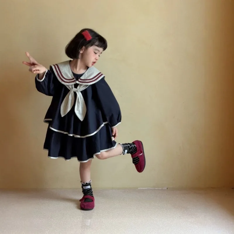 Girls' Dress 2026 Autumn New Item Children's Korean Navy Collar Embroidered Big Lapel College Style Long Sleeved Skirt
