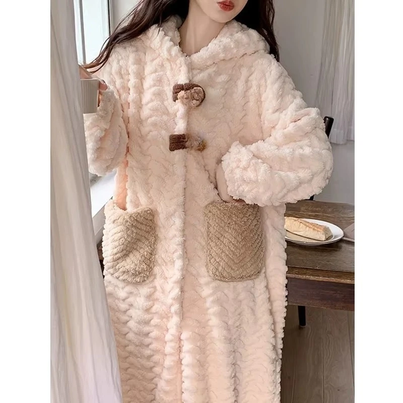 Popular Women Bear Korean-Style Pajamas Autumn Winter Coral Fleece Nightgown Adults Thickened Hooded Long Robe Nightgown Can Be