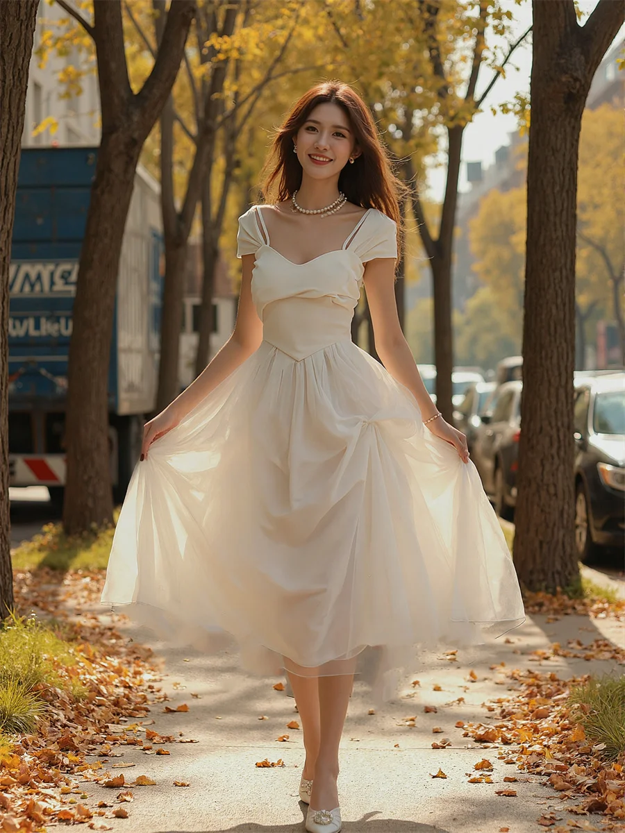 Abiti Midi Stile Francese Puro a Maniche Corte, Abbigliamento Femminile Primaverile con Strass, Abito da Cocktail Sciolto e Chic