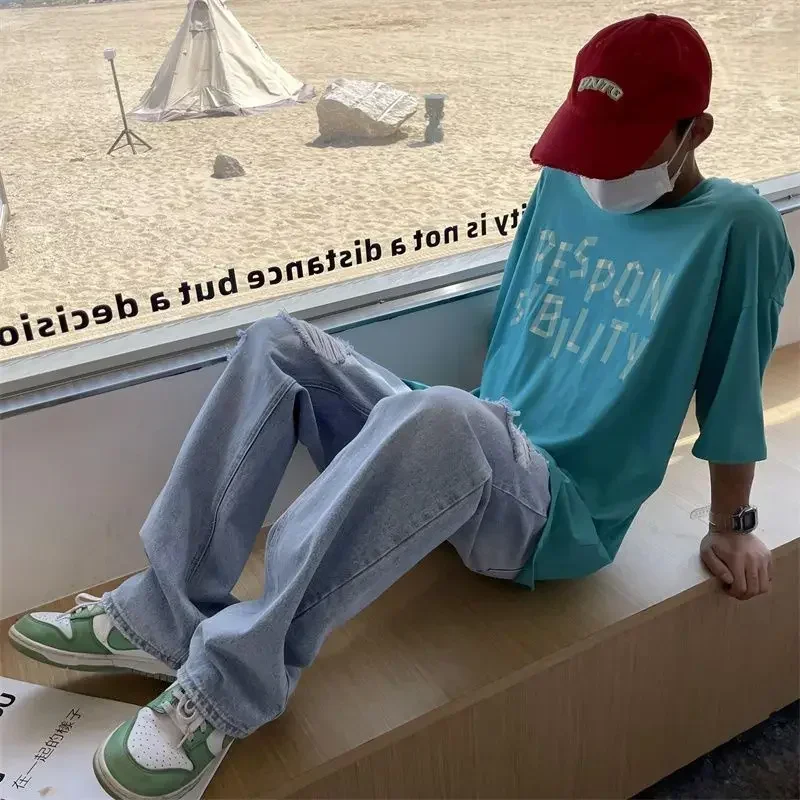 Men\'s Jeans Broken Black Torn Man Cowboy Pants Ripped Trousers Straight with Holes Clothes Y2k 2000s Summer High Quality Baggy