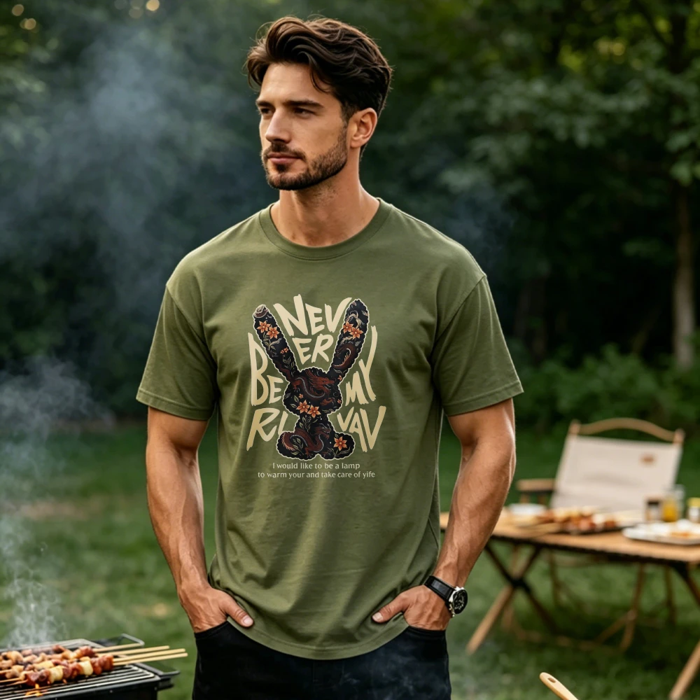 Floral Pattern Rabbit Never Be My Rival Text Print Unisex Retro Y2K T Shirt Inspirational Quote Casual Aesthetic Daily Wear Tops