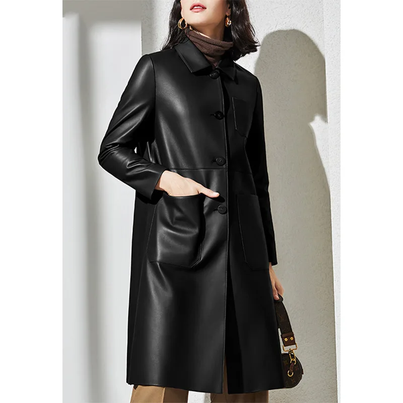 Women's Leather Trench, OL Lapel Genuine Leather Coat, Lace Up, Sheepskin Jacket, Long Trench, Large Size