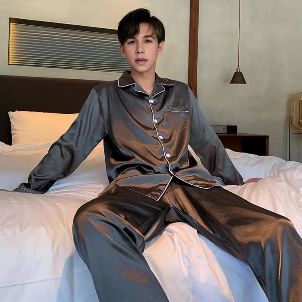 

Men Pajama Set Ice Silk Sleepwear Men's Summer Pajama Set with Long Sleeve Shirt Wide Leg Pants Solid Color for Comfort