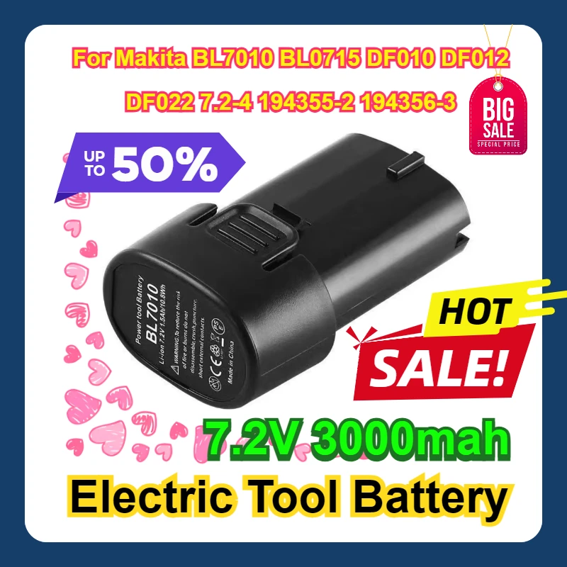 7.2V 3000mah For Makita BL7010 BL0715 DF010 DF012 DF022 7.2-4 194355-2 194356-3 Electric Tool Battery