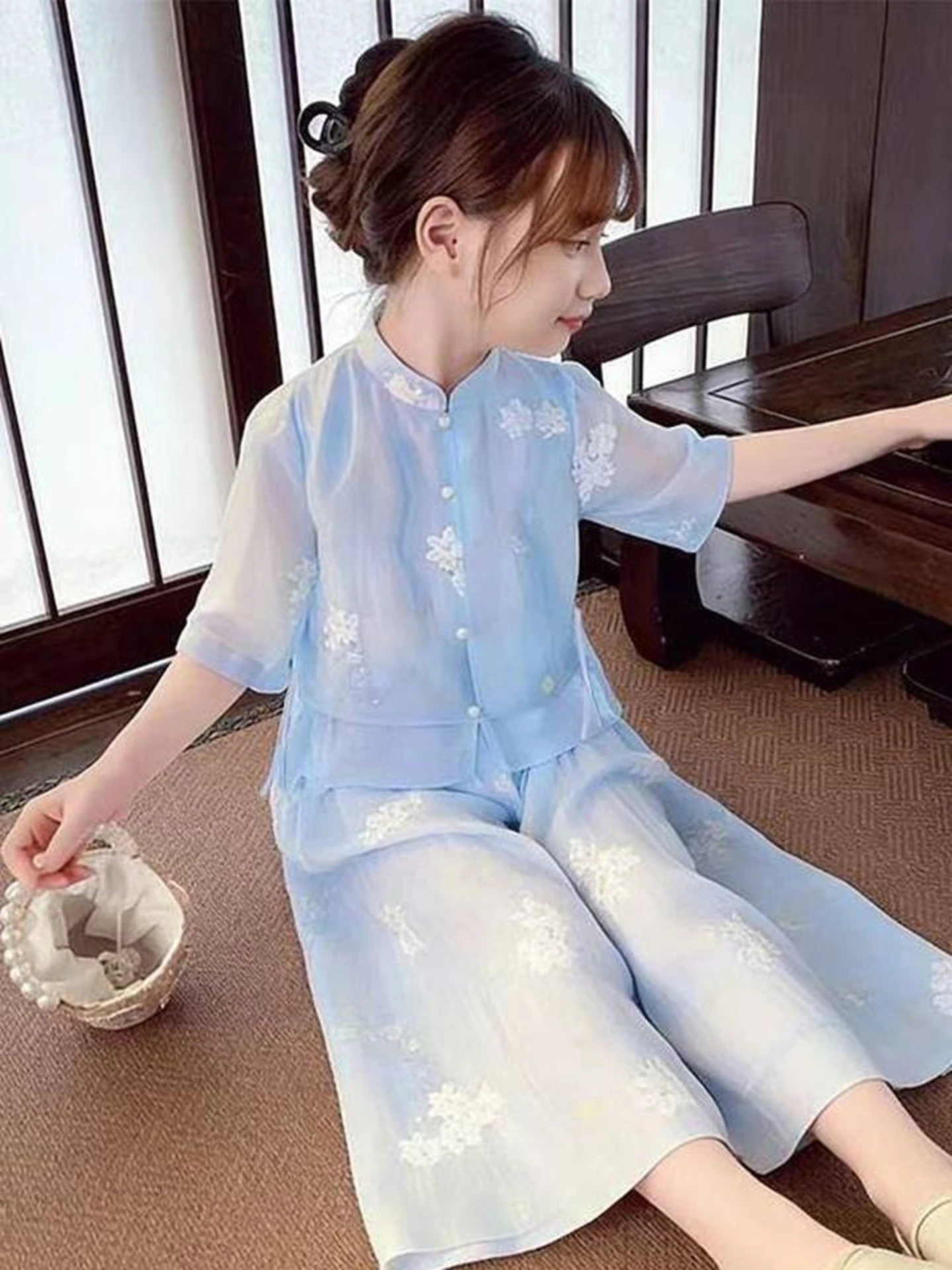 女の子用夏エスニック風ワイドレッグパンツツーピースセット子供用カジュアルウェアポリエステル生地花柄シングルボタン留め