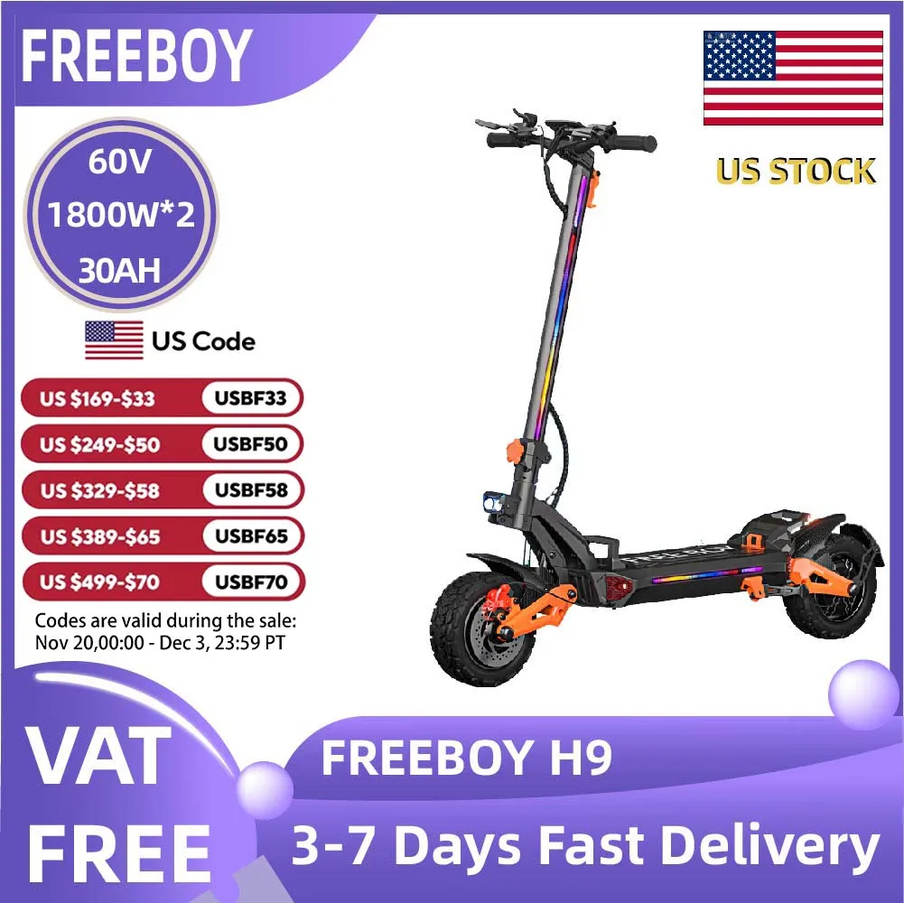 

FREEBOY H9 Adult Electric Scooter 1800W*2 Motor, 60V 30AH Folding E-Scooter 11 Fat Tire E-Mountain Scooter