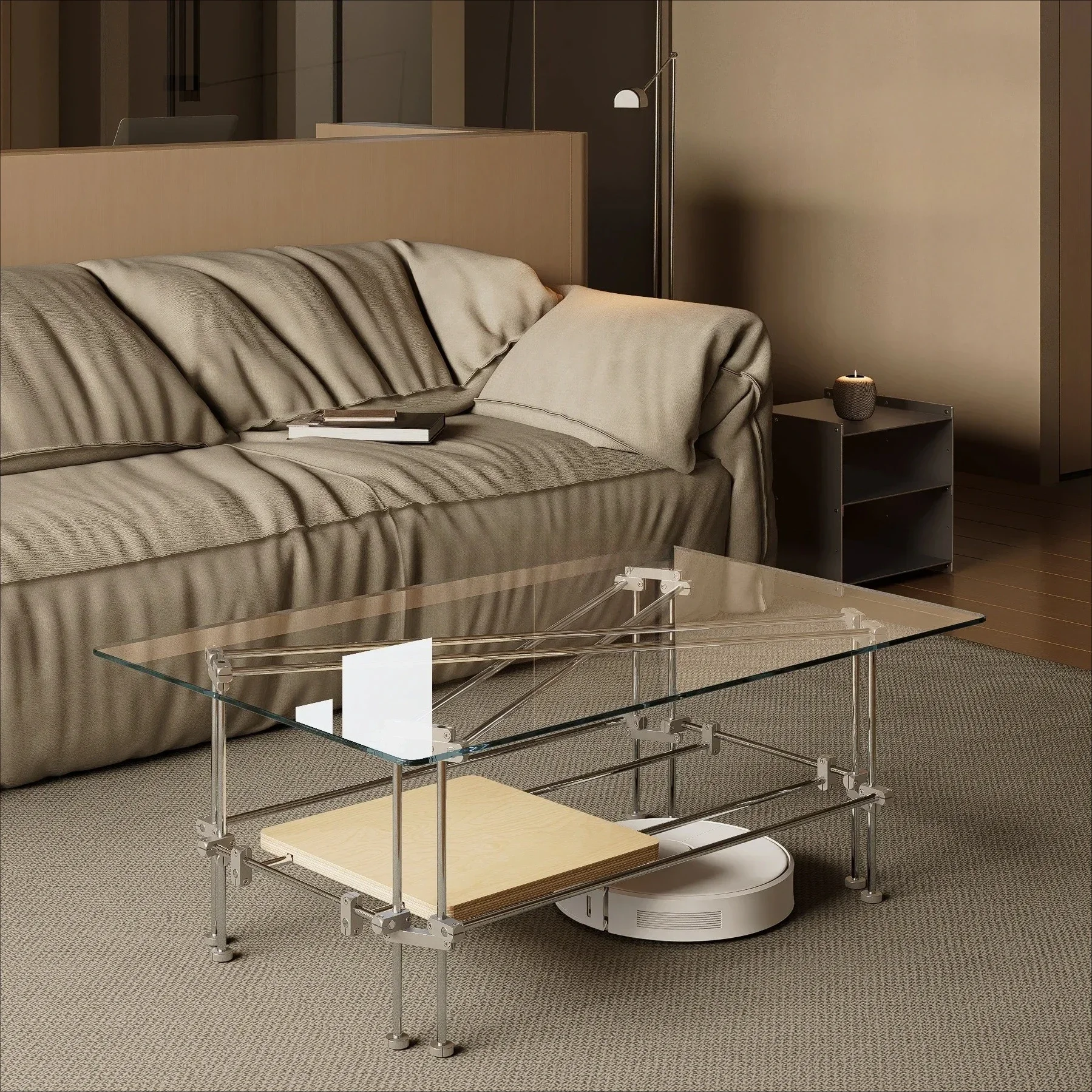 

New arrrive Double-layer storage square coffee table designer original wooden slider stainless steel metal glass extremely simpl