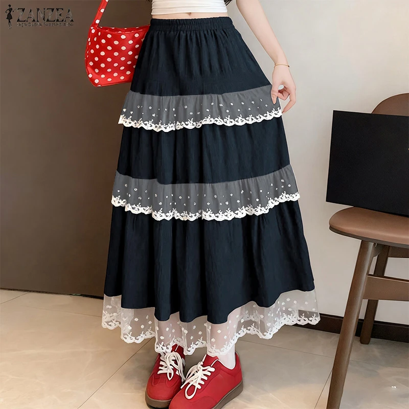 ZANZEA Women Fashion Lace Skirts Spring Autumn High Waist Patchwork Ruffled Elastic Waist Jupes Faldas Saia Oversize Maxi Bottom