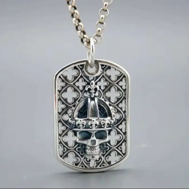 

Sterling silver S925 personality cross and skull dog tag European hip hop jewelry fashion rock necklace