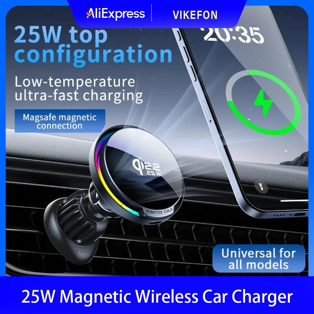 Qi2 25W Cooling Magnetic Car Wireless Charger Holder RGB Light 360° Rotate Stand For Magsafe iPhone 17 Pro Max Samsung S26 Ultra