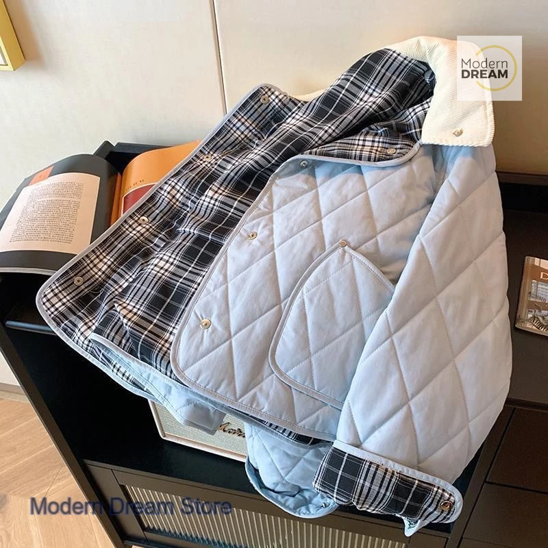 한국 블루 다이아몬드 패딩 숏 따뜻한 패딩 재킷 여성용 가을 겨울 신상 패션 기품 있는 스티칭 코튼 코트