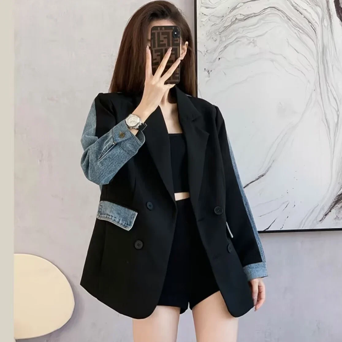 Women Spring Autumn Contrast Color Blue Black Denim Blazers Coat Turn Down Collar OL Jeans Suit Jacket Long Sleeve Outwear Tops