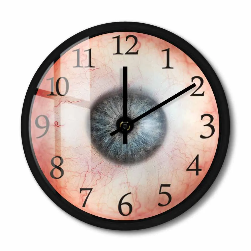 

Ophthalmology Eye Anatomy Metal Frame Wall Clock Realistic Eyeball With Blue Iris Pupil Art Wall Watch Creepy Home Decor