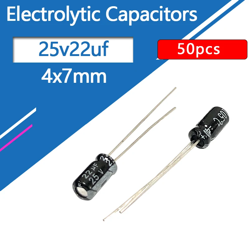 50Pcs 25V22uf 4X7Mm Nhôm Điện Phân Tụ 25V 22Uf 22uf25v 25v22mf 22mf25v 25v22MFD 25wv 25vdc