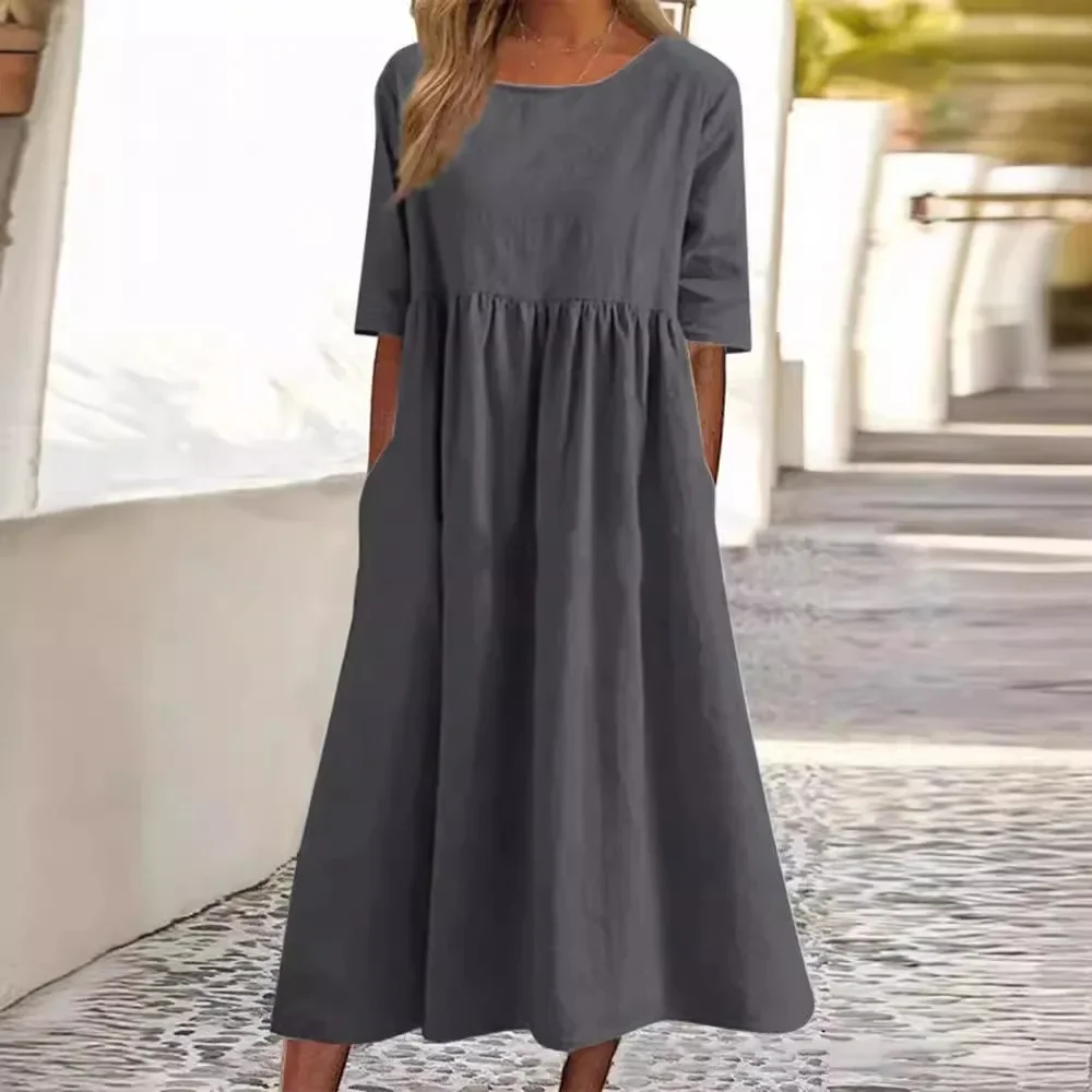 Round neck 5-point sleeve plus size casual qun skirt loose long solid color cotton and linen dress