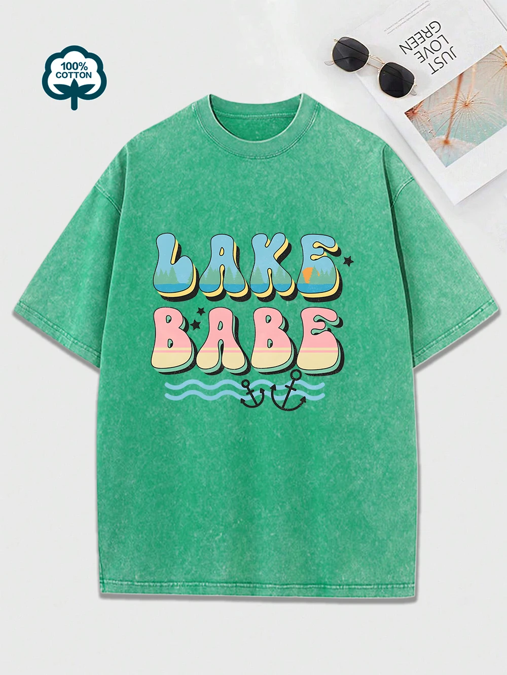 

Промытые футболки с принтом Lake Babe, женские хлопковые топы большого размера, удобные футболки с круглым вырезом, летняя женская одежда
