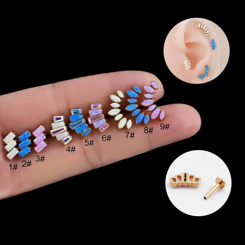 1PC G23 Titanium 5 Marquise Opal Crown Cartilage Earring 16G Cluster CZ Flat Back Helix Tragus Stud Nose Body Piercing Jewelry