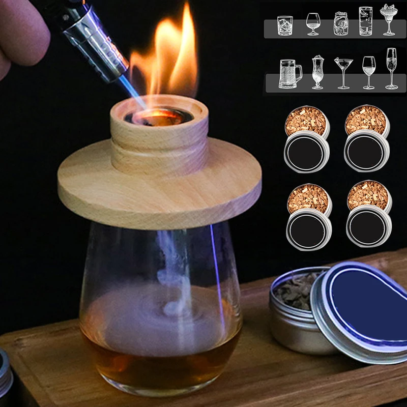 Wooden Bar Cocktail Smoker Kit Whiskey Tequila Wooden Smoked Wood Hood Smoker for Drinks Wine Mixing Cover Bar Tool with 4 Box