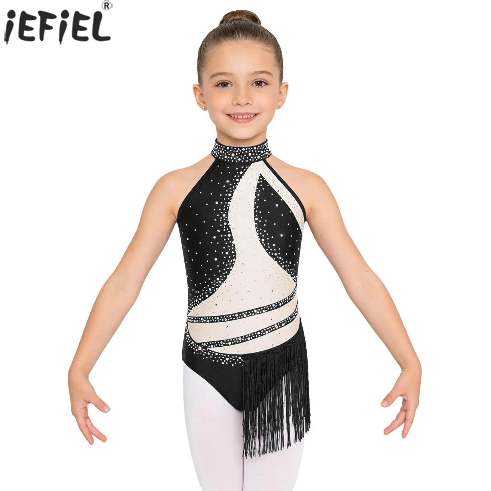 Kids Girls Tassel Latin Dance Leotard Figure Skating Gymnastics Costume Sleeveless Rhinestones Fringed Bodysuit Modern Dancewear