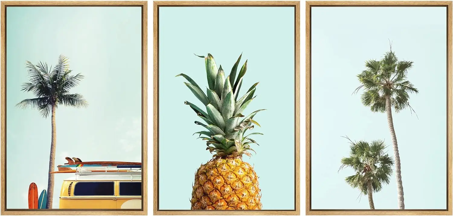 

Framed Canvas Print Wall Art Set Retro Surfboard Van Tropical Island Pineapple Nature Wilderness Photography-16"x24"x3