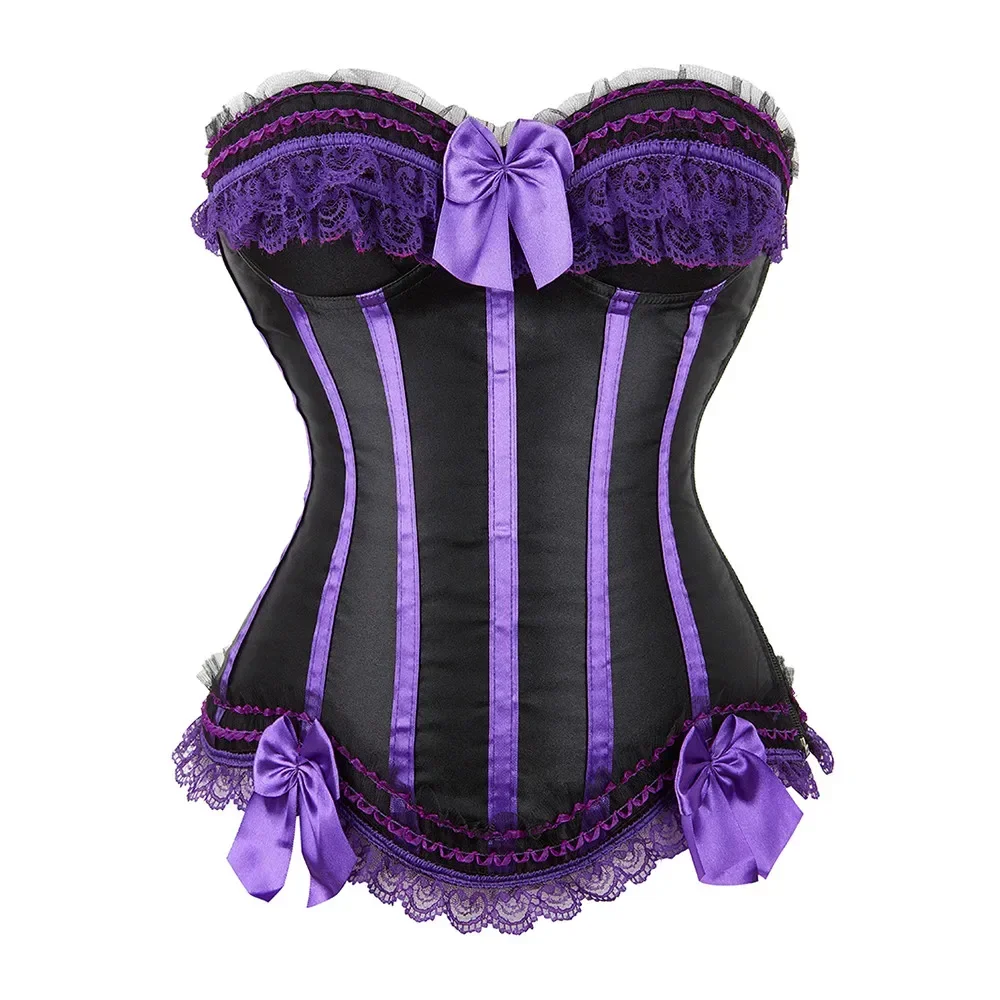 Sexy Lace Overbust Corset Top Women Vintage Satin Striped Lace up Bustier Ladies Satin Body Shaper Burlesque Costume